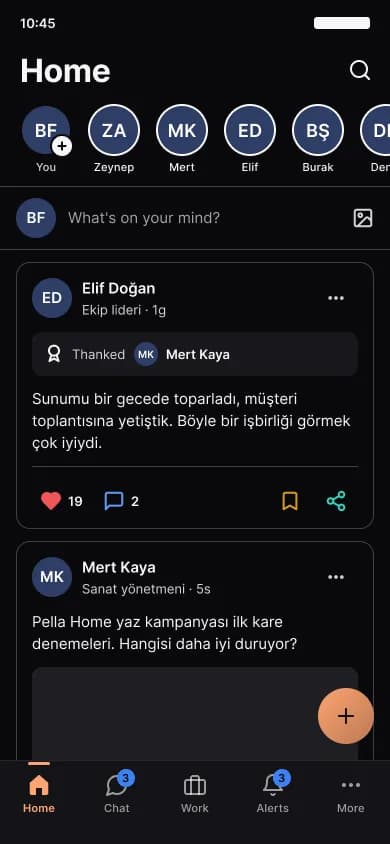Pella CRM mobil uygulamasında şirket akışı: gönderiler, beğeniler ve takdir rozetleri