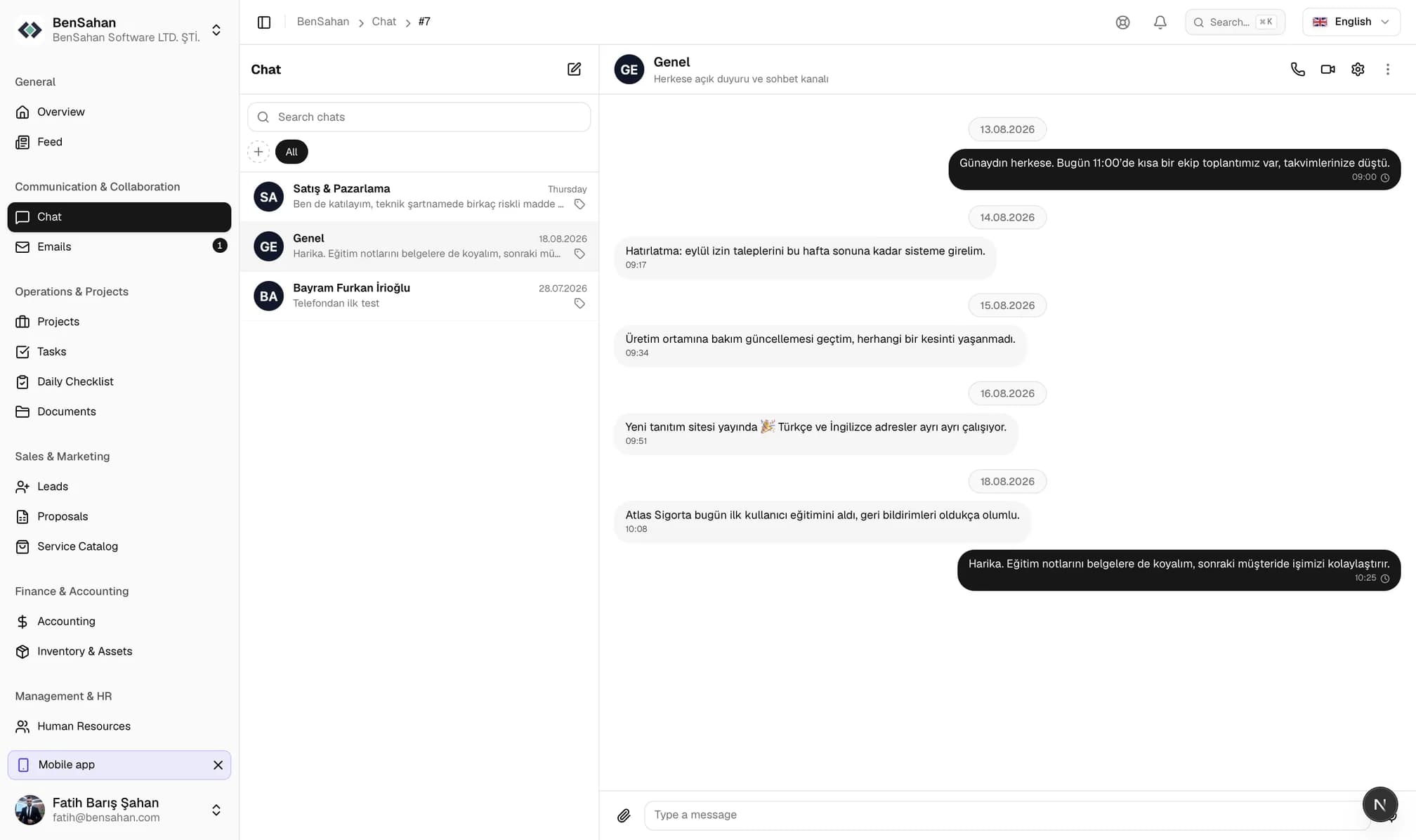 Team messaging: channels, one-to-one conversations and starting a voice or video call.