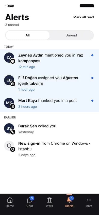 The notification list in the mobile app: mentions, task assignments and kudos