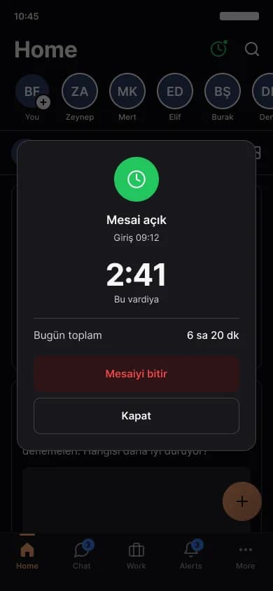 The time clock in the mobile app: hours worked and a button to end the shift