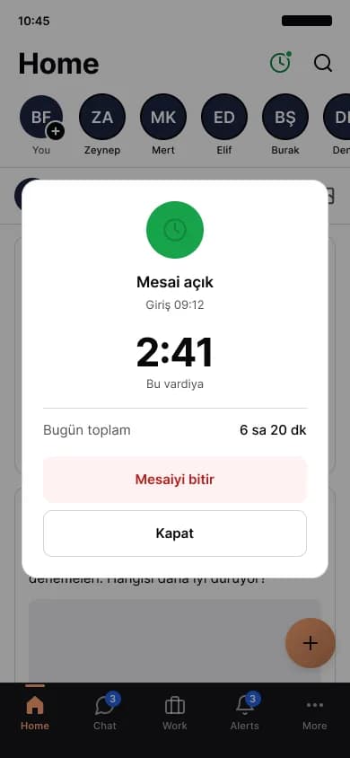 The time clock in the mobile app: hours worked and a button to end the shift