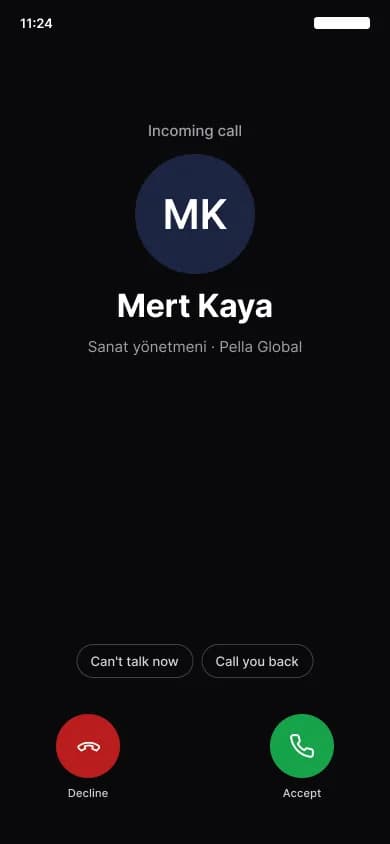 Mobil uygulamada gelen sesli arama ekranı, arayan kişi ve kabul/reddet düğmeleri