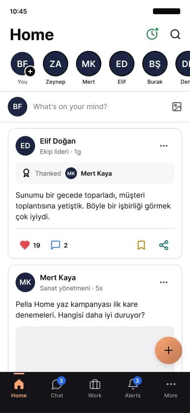 Pella CRM mobil uygulamasında şirket akışı: gönderiler, beğeniler ve takdir rozetleri