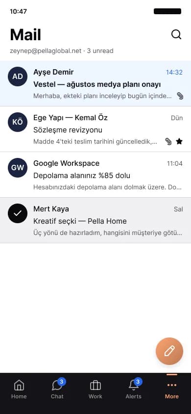 The work email inbox in the mobile app, unread messages and attachments