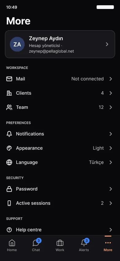The settings menu in the mobile app: notifications, appearance, language and security