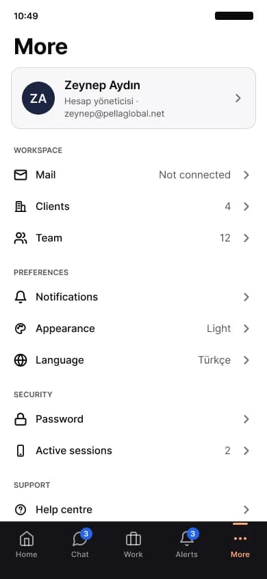 The settings menu in the mobile app: notifications, appearance, language and security