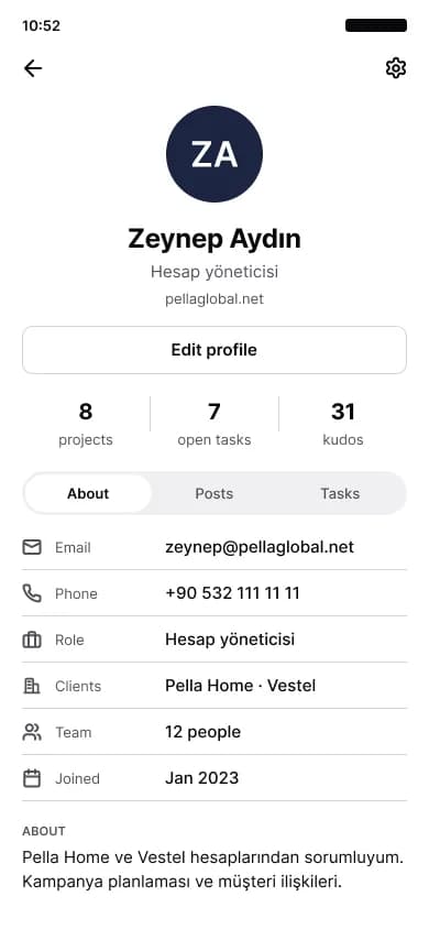 A user profile in the mobile app: project, task and kudos counts with contact details