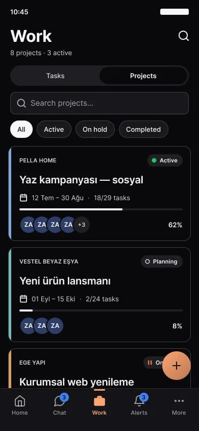 The project list in the mobile app, progress bars and team member avatars
