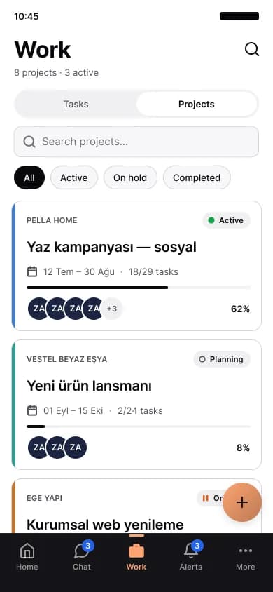 The project list in the mobile app, progress bars and team member avatars