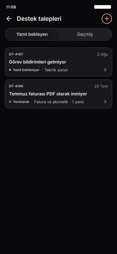 The support ticket list in the mobile app, awaiting reply and past tickets