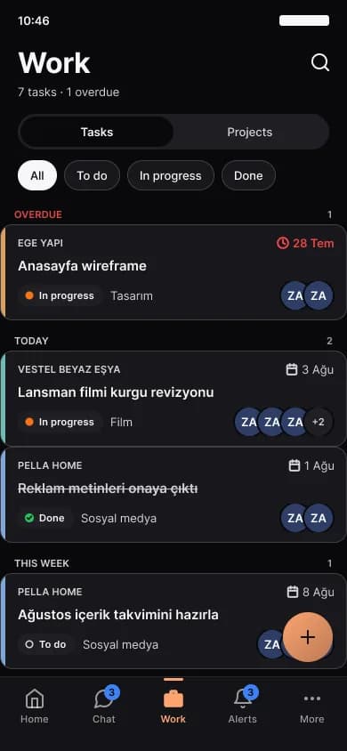 The task list in the mobile app, overdue and today's tasks with status labels