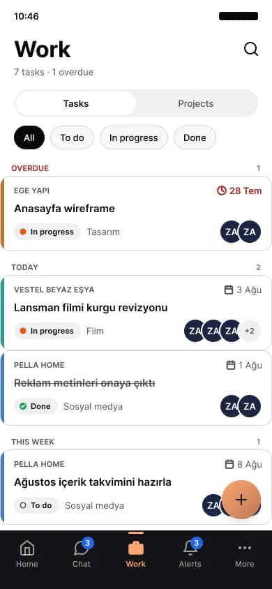 The task list in the mobile app, overdue and today's tasks with status labels